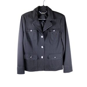 White House Black Market Military Utility Jacket Black Silver Crest Button Sz 10